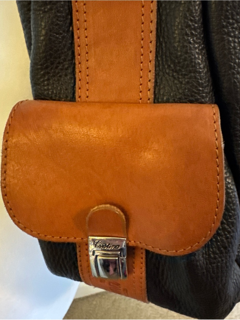Cristina Italy Genuine Leather Shoulder Bag Brown Pebbled Leather Cognac Trim - Picture 2 of 11
